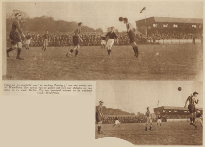 874508 Collage van 2 foto's betreffende de voetbalwedstrijd tussen Velox (Utrecht) en West-Frisia (Enkhuizen), op het ...